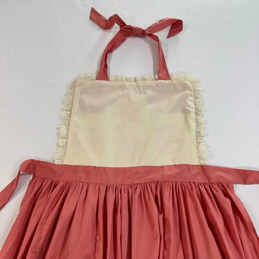 Vintage Handmade House Cat Duck Applique Apron Pink Lace Cottagecore Retro Boho